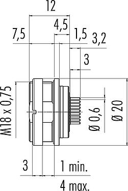 Dibujo a escala M16 Toma de brida, Número de contactos: 24, sin blindaje, THT, IP67, UL 2238, M18x0,75, Montaje en pared