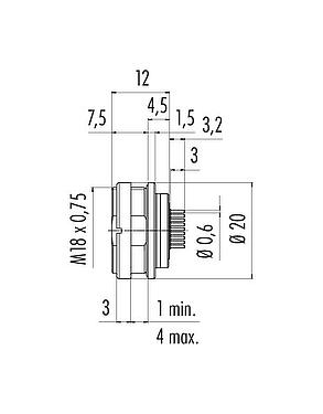Dibujo a escala M16 Toma de brida, Número de contactos: 24, sin blindaje, THT, IP67, UL 2238, M18x0,75, Montaje en pared