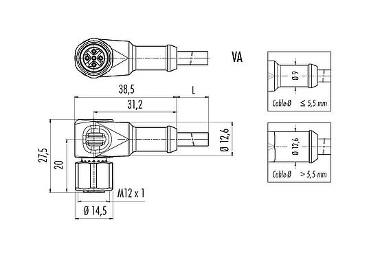 Scale drawing M12 Female angled connector, Contacts: 4, unshielded, moulded on the cable, IP67/IP69K, UL 2238, PUR, black, 4 x 0.34 mm², stainless steel, 5 m
