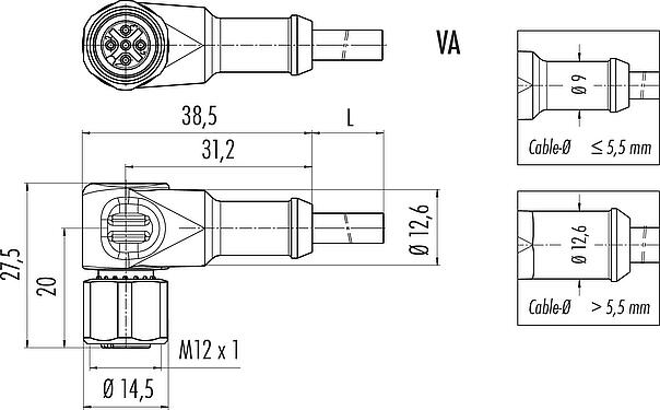 Scale drawing M12 Female angled connector, Contacts: 5, unshielded, moulded on the cable, IP67/IP69K, UL 2238, PUR, black, 5 x 0.34 mm², stainless steel, 5 m