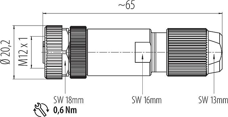Dessin coté M12 Connecteur femelle, Contacts: 4, 5,0-8,0 mm, blindable, sertir (Les contacts à sertir doivent être commandés séparément), IP67, UL 2238