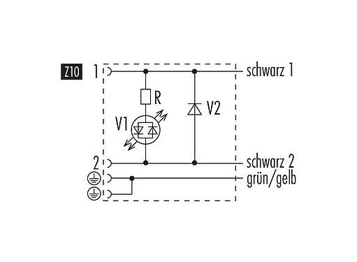 Schémas d’affectation des broches Douille d'électrovanne, Contacts: 2+2PE, non blindé, surmoulé sur le câble, IP67, PUR, noir, Circuit Z10, avec LED, PNP, 3 m