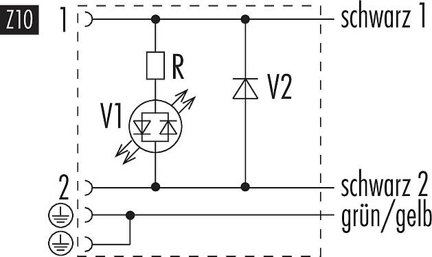 Schémas d’affectation des broches Douille d'électrovanne, Contacts: 2+2PE, non blindé, surmoulé sur le câble, IP67, PUR, noir, Circuit Z10, avec LED, PNP, 3 m