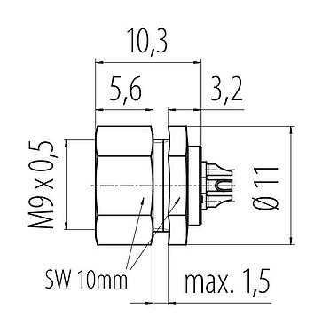 Scale drawing M9 Female panel mount connector, Contacts: 3, unshielded, solder, IP40, M9x0,5, Front mounting