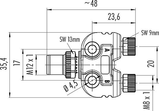 Scale drawing M12/M8 Twin distributors, Y-distributor, male connector - 2 female connector, Contacts: 4/3, unshielded, pluggable, IP68, UL 2238
