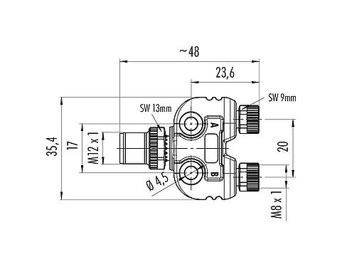 Dessin coté M12/M8 Répartiteur double, Y-distributeur, mâle - 2 femelle, Contacts: 4/3, non blindé, enfichable, IP68, UL 2238