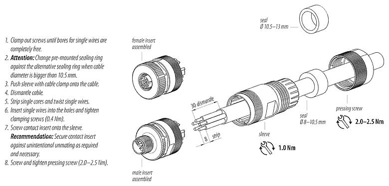 Instrucción de montaje M12 Conector de cable hembra, Número de contactos: 4, 8,0-13,0 mm, sin blindaje, tornillo extraíble, IP67, UL 2238, M12x1,0
