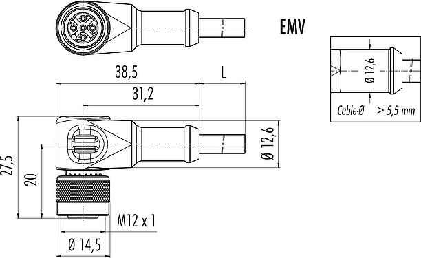 Dibujo a escala M12 Conector hembra en ángulo, Número de contactos: 8, blindado, moldeado en el cable, IP67, UL 2238, PUR, negro, 8 x 0,25 mm², 5 m