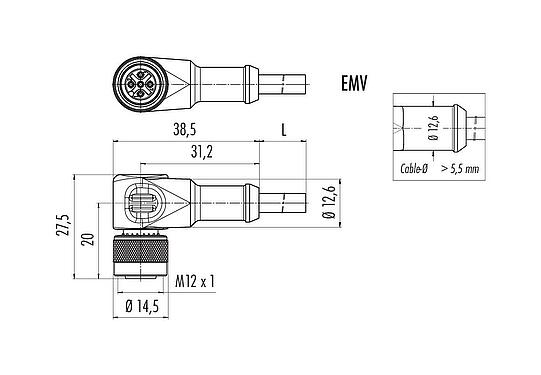Dibujo a escala M12 Conector hembra en ángulo, Número de contactos: 8, blindado, moldeado en el cable, IP67, UL 2238, PVC, gris, 8 x 0,25 mm², 5 m