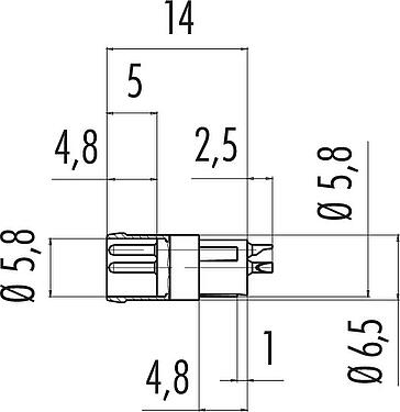 Scale drawing M8 Male receptacle, Contacts: 3, unshielded, solder, IP65