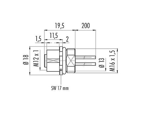 Scale drawing 09 3442 284 05 - M12 Female panel mount connector, Contacts: 5, unshielded, single wires, IP69K, M16x1.5, Front mounting, for outdoor, stainless steel