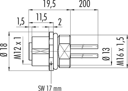 Dessin coté M12 Embase femelle, Contacts: 5, non blindé, fils, IP68/IP69K, M16x1,5, Montage frontal, pour les applications extérieures, Acier inoxydable, résistant aux UV, coulé