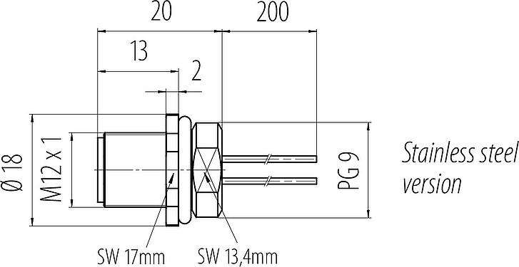 Scale drawing M12 Male panel mount connector, Contacts: 5, unshielded, single wires, IP68, PG 9, Front mounting, stainless steel, potted