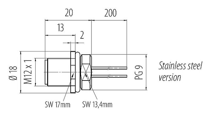 Dessin coté M12 Embase mâle, Contacts: 4, non blindé, fils, IP68, UL 2238, PG 9, Montage frontal, Acier inoxydable, coulé