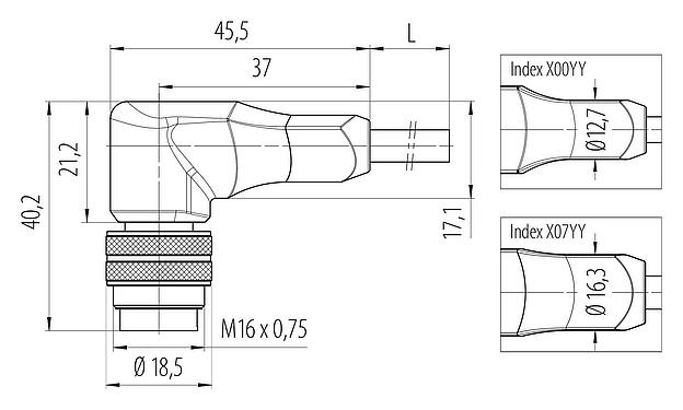 Dibujo a escala 77 6527 0000 50005-0500 - M16 Conector macho en ángulo, Número de contactos: 5, blindado, moldeado en el cable, IP68, PUR, negro, 5 x 0,34 mm², 5 m