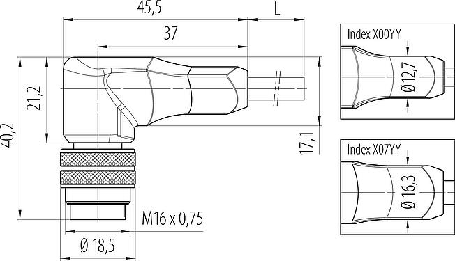 Dessin coté M16 Connecteur mâle coudé, Contacts: 3, blindé, surmoulé sur le câble, IP67, PUR, noir, 3 x 0,34 mm², 2 m