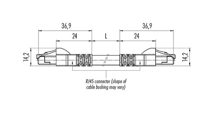 Scale drawing RJ45/RJ45 Connecting cable 2 RJ45 connector, Contacts: 8, shielded, Piercing technology, IP20, Ethernet CAT5e, TPE, black, 4 x 2 x AWG 24, 2 m