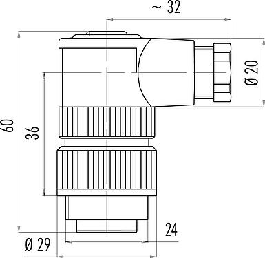 Dibujo a escala RD24 Conector macho en ángulo, Número de contactos: 6+PE, 6,0-8,0 mm, sin blindaje, tornillo extraíble, IP67, UL, ESTI+, VDE, PG 9
