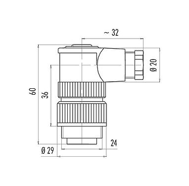 Dessin coté RD24 Connecteur mâle coudé, Contacts: 6+PE, 6,0-8,0 mm, non blindé, souder, IP67, UL, ESTI+, VDE, PG 9