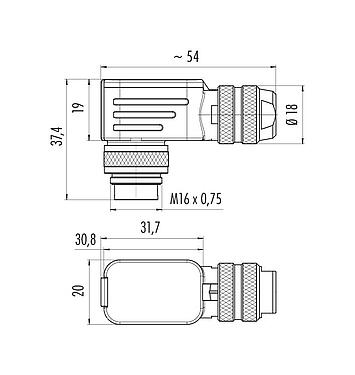 Scale drawing 99 5671 750 08 - M16 Male angled connector, Contacts: 8 (08-a), 6.0-8.0 mm, shieldable, crimping (Crimp contacts must be ordered separately), IP67, UL