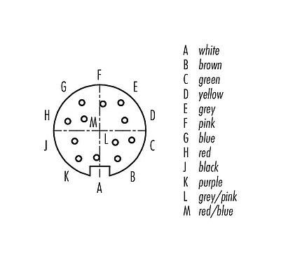 Disposition des contacts (Côté plug-in) 79 6130 20 12 - M16 Connecteur femelle, Contacts: 12 (12-a), blindé, surmoulé sur le câble, IP67, TPE-U (PUR), noir, 12 x 0,25 mm², 2 m