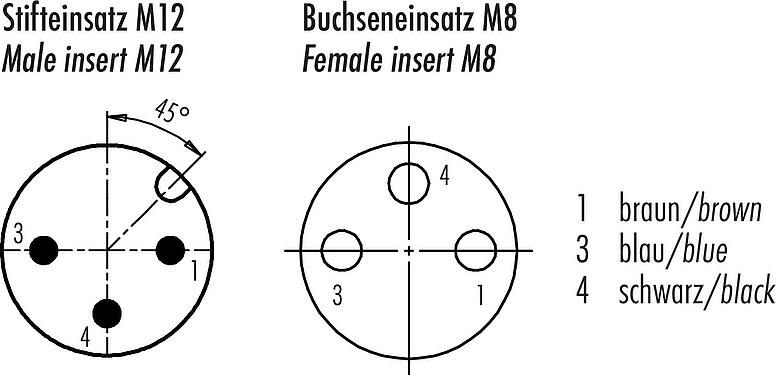Disposition des contacts (Côté plug-in) M12/M8 Connecteur mâle - connecteur d‘angle femelle, Contacts: 3, non blindé, surmoulé sur le câble, IP67/IP69K, PUR, noir, 3 x 0,25 mm², avec LED, PNP, 2 m