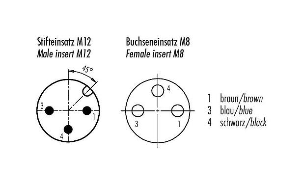 Disposition des contacts (Côté plug-in) M12/M8 Connecteur mâle - connecteur d‘angle femelle, Contacts: 3, non blindé, surmoulé sur le câble, IP67/IP69K, UL 2238, PLTC, TPE-E, jaune, 4 x AWG 22, 10 m