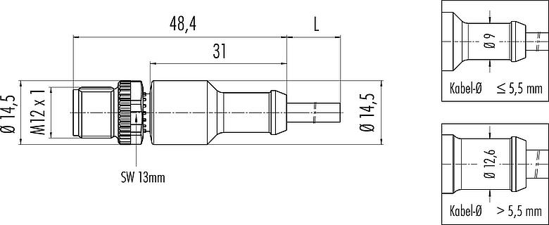 Dessin coté M12 Connecteur mâle, Contacts: 4, non blindé, surmoulé sur le câble, IP68/IP69K, UL 2238, Standard, PVC, jaune, 4 x AWG 22, 1 m