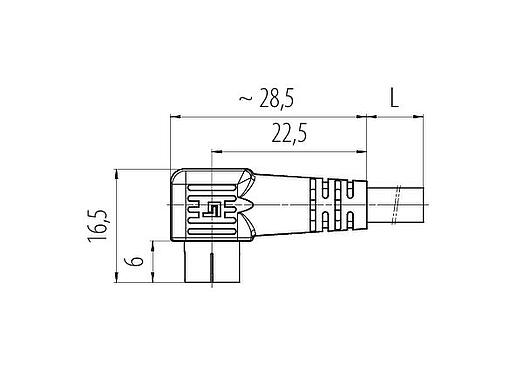Dessin coté Snap-In Connecteur mâle coudé, Contacts: 5, non blindé, surmoulé sur le câble, IP40, PVC, noir, 5 x 0,25 mm², 5 m