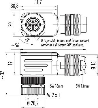 Dibujo a escala M12 Conector hembra en ángulo, Número de contactos: 5, 4,0-6,0 mm, blindable, abrazadera de alambre, IP67, con anillo de protección