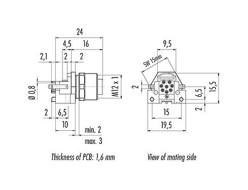 Scale drawing 99 3482 458 08 - M12 Female panel mount connector, Contacts: 8, shieldable, THR, IP68, UL 2238, for PCB assembly