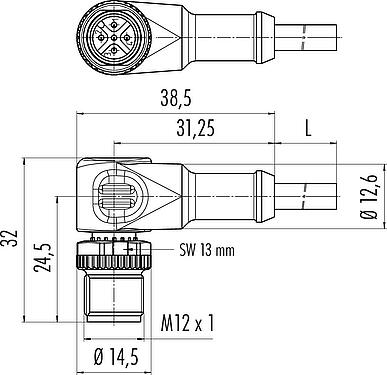 Scale drawing M12 Male angled connector, Contacts: 3, unshielded, moulded on the cable, IP68/IP69K, UL 2238, PVC, grey, 3 x 0.34 mm², with LED PNP closer, 5 m