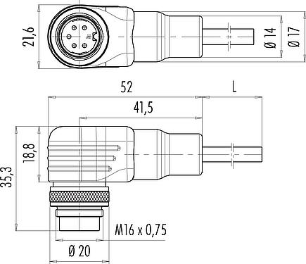 Dessin coté M16 Connecteur mâle coudé, Contacts: 12 (12-a), blindé, surmoulé sur le câble, IP67, TPE-U (PUR), noir, 12 x 0,25 mm², 2 m