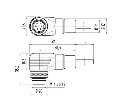 Scale drawing 79 6213 200 05 - M16 Male angled connector, Contacts: 5 (05-a), unshielded, moulded on the cable, IP67, PUR, black, 5 x 0.25 mm², 2 m