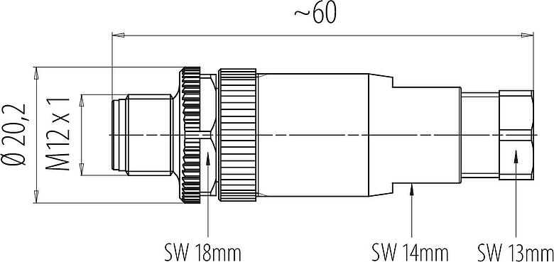 Scale drawing M12 Male cable connector, Contacts: 4, 2.5-3.5 mm, unshielded, screw clamp, IP67