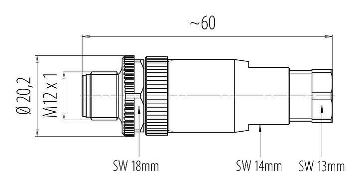 Scale drawing M12 Male cable connector, Contacts: 4, 2.5-3.5 mm, unshielded, screw clamp, IP67