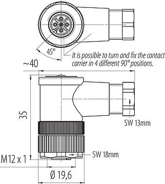 Scale drawing M12 Female angled connector, Contacts: 5, 4.0-6.0 mm, unshielded, screw clamp, IP67, UL 2238