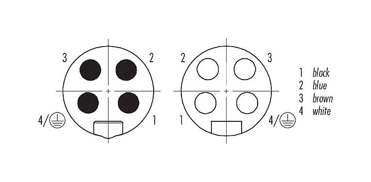 Disposition des contacts (Côté plug-in) 7/8" Câble de raccordement connecteur mâle coudé - connecteur femelle coudé, Contacts: 4, non blindé, surmoulé sur le câble, IP68, UL 2238, PUR, noir, 4 x 1,50 mm², 5 m