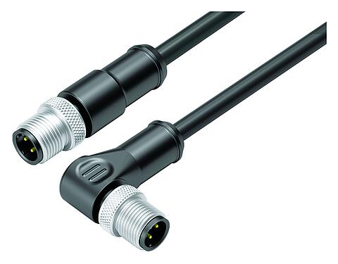 Illustration M12 Connecting cable male cable connector - male angled connector, Contacts: 4, shielded, moulded on the cable, IP67, UL, Ethernet CAT5e, TPE, black, 2 x 2 x AWG 24, 0.3 m