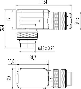Scale drawing M16 Male angled connector, Contacts: 8 (08-a), 4.0-6.0 mm, shieldable, crimping (Crimp contacts must be ordered separately), IP67, UL 2238