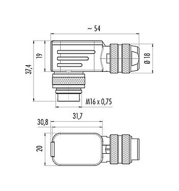 Dibujo a escala M16 Conector macho en ángulo, Número de contactos: 8 (08-a), 4,0-6,0 mm, blindable, crimpado (los contactos de crimpado deben pedirse por separado), IP67, UL 2238