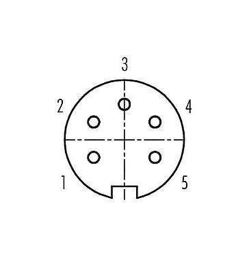 Disposición de los contactos (lado de la conexión) 09 0140 72 05 - M16 Conector hembra en ángulo, Número de contactos: 5 (05-a), 6,0-8,0 mm, sin blindaje, soldadura, IP40