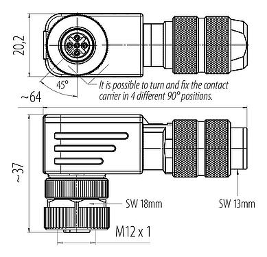 Dessin coté M12 Connecteur femelle coudé, Contacts: 4, 5,0-8,0 mm, blindable, pince à visser, IP67, UL 2238, ressort à iris