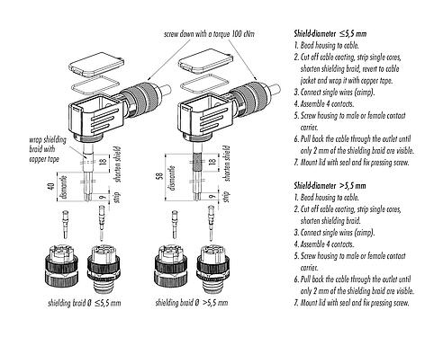 Instrucción de montaje 99 1434 820 04 - M12 Conector hembra en ángulo, Número de contactos: 4, 5,0-8,0 mm, blindable, crimpado (los contactos de crimpado deben pedirse por separado), IP67, UL