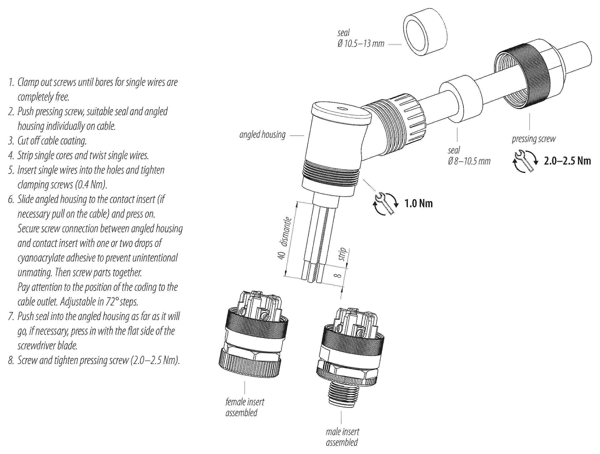 M12, Female angled connector, IP67, unshielded, Contacts: 4+