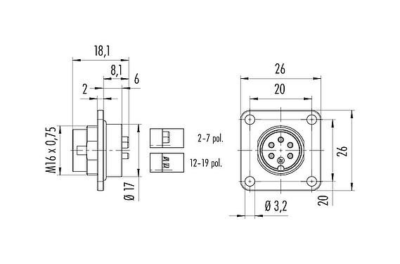 Dessin coté M16 Embase mâle, carré, Contacts: 12 (12-a), non blindé, souder, IP67, UL 2238, M3 (4x), Montage frontal