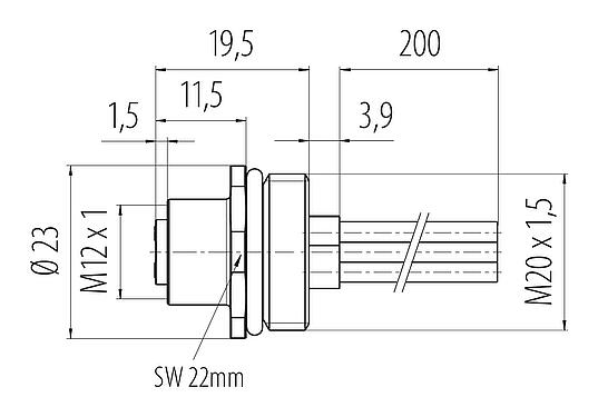 Dibujo a escala M12 Toma de brida, Número de contactos: 4, sin blindaje, hilos, IP68, UL 2238, M20x1,5, Montaje frontal, moldeado