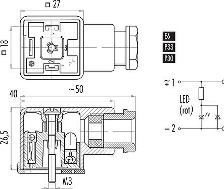 Schémas d’affectation des broches Embase femelle pour appareils, Contacts: 2+PE, 8,0-10,0 mm, non blindé, pince à visser, IP40 sans joint, PG 11, Circuit P33, avec LED, PNP