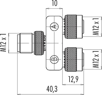 Dessin coté M12 Répartiteur double, Y-distributeur, mâle - 2 femelle, Contacts: 5, non blindé, enfichable, IP68, UL 2238