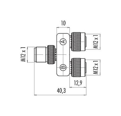 Scale drawing M12 Twin distributors Y-distributor, male connector - 2 female connector, Contacts: 5/4, unshielded, pluggable, IP68, UL 2238